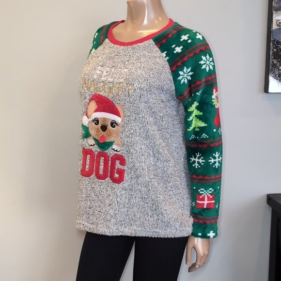 Ugly Christmas Sweater Fleece Feliz Naughty Dog Raglan Knit Pullover Holiday - Picture 6 of 11